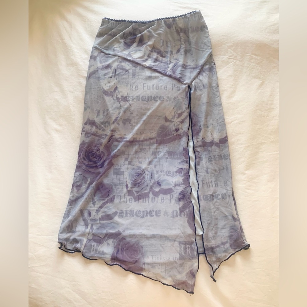Silence + Noise Mesh Newspaper Print Skirt in Purple and Gray - Small